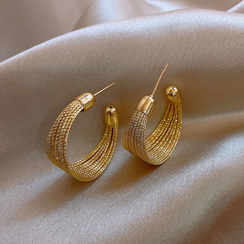Boucles d'oreilles créoles rondes en métal brossé en forme de C, Vintage, pour femmes